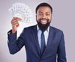 Rich, happy and portrait of a black man with money isolated on a white background in studio. Smile, wealth and an African businessman holding cash from an investment, savings or lottery on a backdrop