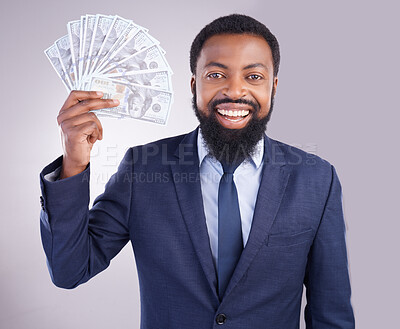 Buy stock photo Rich, happy and portrait of a black man with money isolated on a white background in studio. Smile, wealth and an African businessman holding cash from an investment, savings or lottery on a backdrop