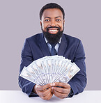 Portrait, cash and investment with a business black man in studio on a gray background as a lottery winner. Money, accounting and finance with a male employee holding dollar bills for the economy