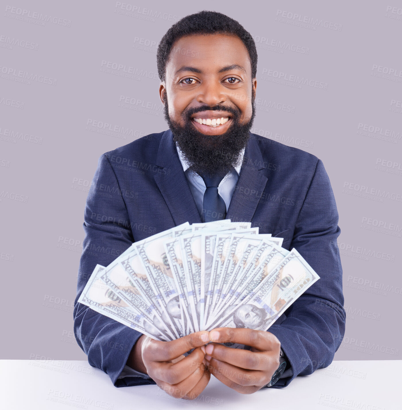 Buy stock photo Portrait, cash and investment with a business black man in studio on a gray background as a lottery winner. Money, accounting and finance with a male employee holding dollar bills for the economy