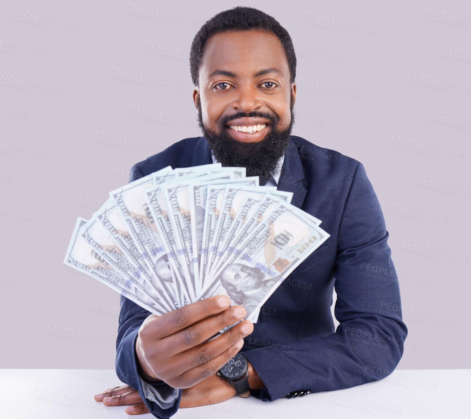 Buy stock photo Portrait, cash and economy with a business black man in studio on a gray background as a lottery winner. Money, accounting and finance with a male employee holding dollar bills for investment