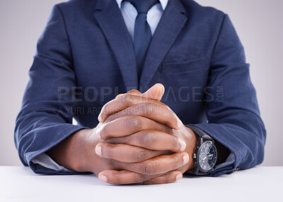 Buy stock photo Man, hand and angry hr in meeting for compliance, complaint or discipline against a wall background. Hands, together and boss waiting for bad behavior discussion in the workplace, bullying or fired
