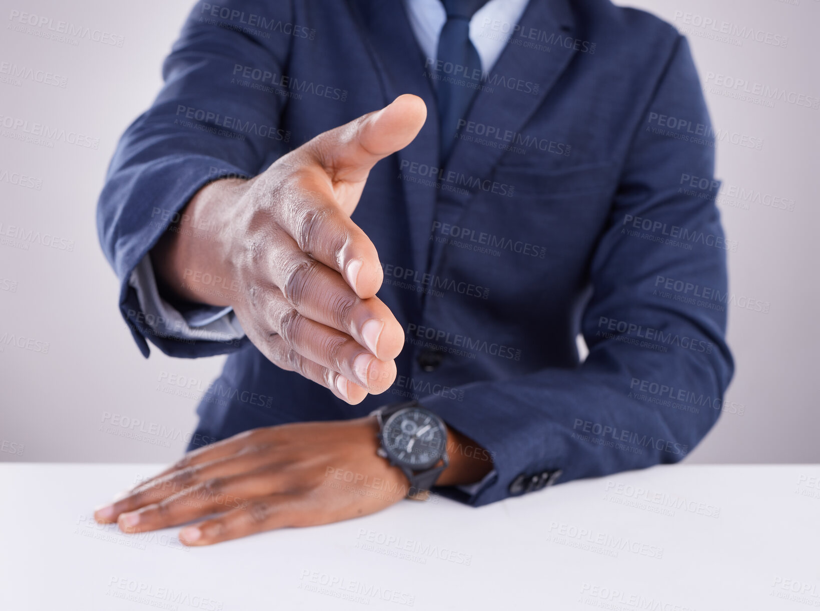 Buy stock photo Handshake, offer and closeup of man in white background for business networking, thank you and meeting HR. Corporate male stretching to shake hands in studio for recruitment, welcome and partnership 