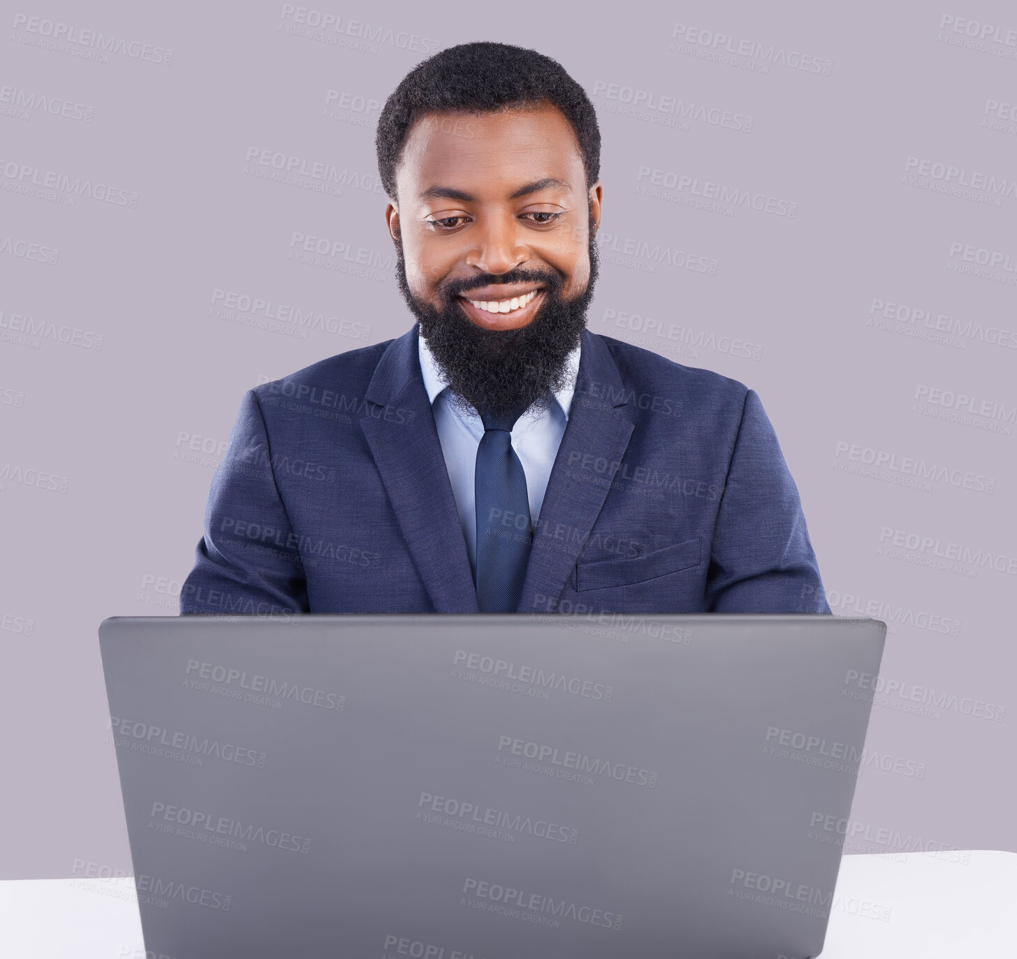 Buy stock photo Black man, happy corporate and laptop in studio for planning, business research and internet. Male employee, computer technology and background for website connection, online stocks or digital trader