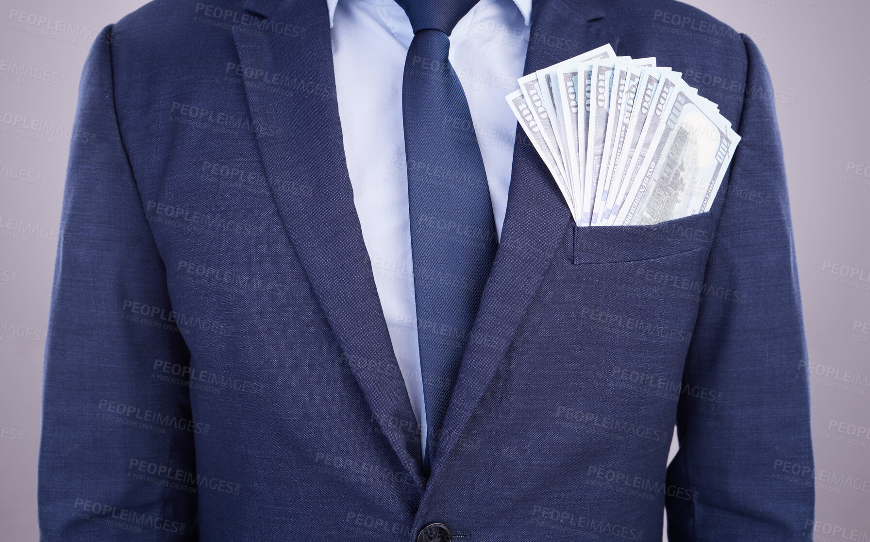 Buy stock photo Wealth, bonus and businessman with money in a suit isolated on a white studio background. Rich, finance and a corporate employee with cash from an investment, payment or salary in accounting