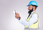 Tablet, construction and building with an engineer black man in studio on gray background for architecture. Internet, research and project management with a male handyman or contractor in engineering