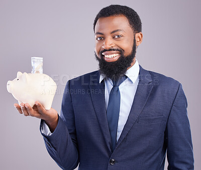 Buy stock photo Black man, piggy bank and portrait smile for financial investment or savings against a white studio background. Happy African American businessman holding cash or money pot for investing in finance