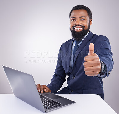 Buy stock photo Black man, laptop and thumbs up isolated on a white background portrait for winning, online success and thank you. Happy business person or winner with yes, like and vote sign on computer in studio
