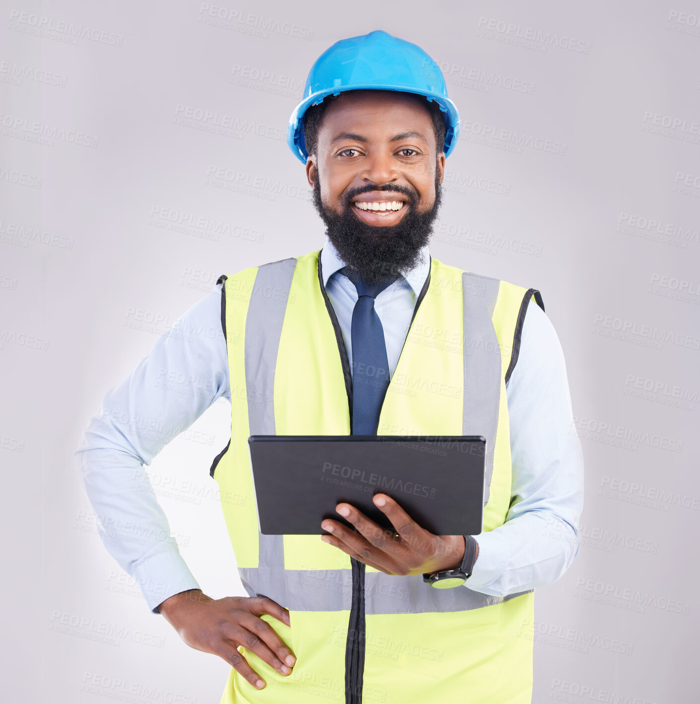 Buy stock photo Engineering, black man and tablet in studio portrait with smile, architecture and building design. Male architect, mobile touchscreen or excited face for property, development or project with app ux
