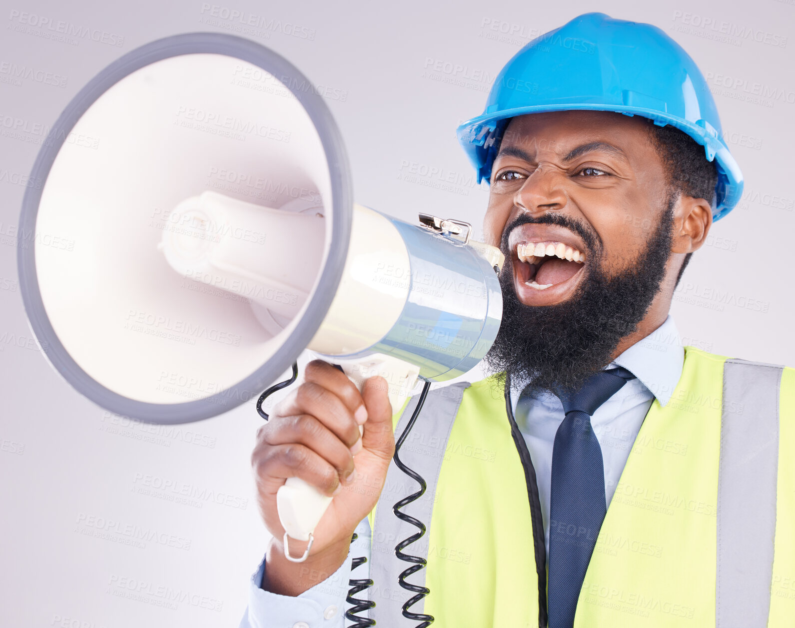 Buy stock photo Engineer black man, megaphone and construction in studio portrait for angry shouting by white background. Engineering, architect or manager with loudspeaker in workplace with anger on frustrated face