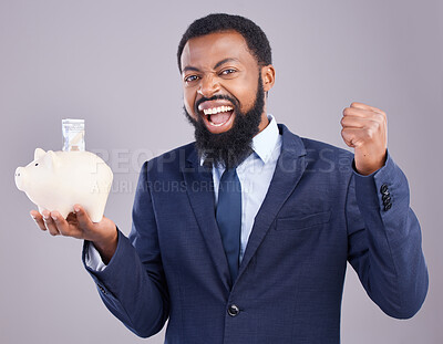 Buy stock photo Black man, piggy bank and celebration for financial investment or savings against white studio background. Portrait of excited African businessman holding cash or money pot for winning and investing