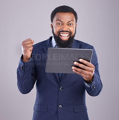 Buy stock photo Winning, tablet and black man isolated on gray background portrait for stock market, trading or business bonus or success. Yes, fist pump and person or winner, sales profit and digital tech in studio