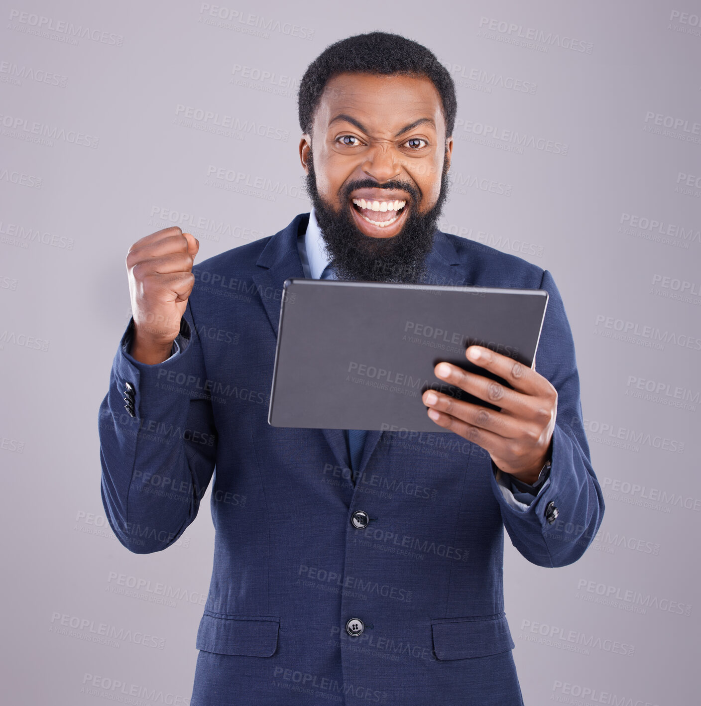 Buy stock photo Winning, tablet and black man isolated on gray background portrait for stock market, trading or business bonus or success. Yes, fist pump and person or winner, sales profit and digital tech in studio