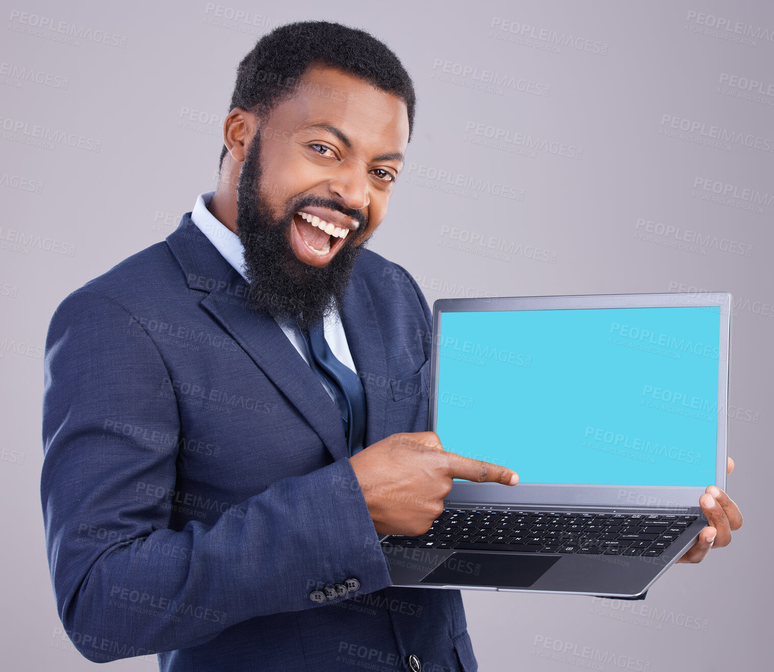 Buy stock photo Laptop, green screen and black man isolated on gray background portrait for business software mockup or product placement. Wow, excited or happy digital person with computer website mock up in studio