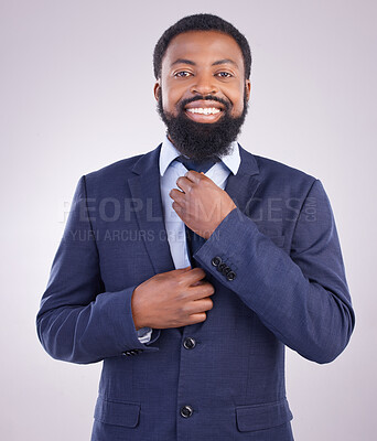 Buy stock photo Portrait, business and happy man fixing tie in studio of professional manager, leadership smile and gentleman. Corporate black male adjusting suit of CEO, confidence and happiness on white background