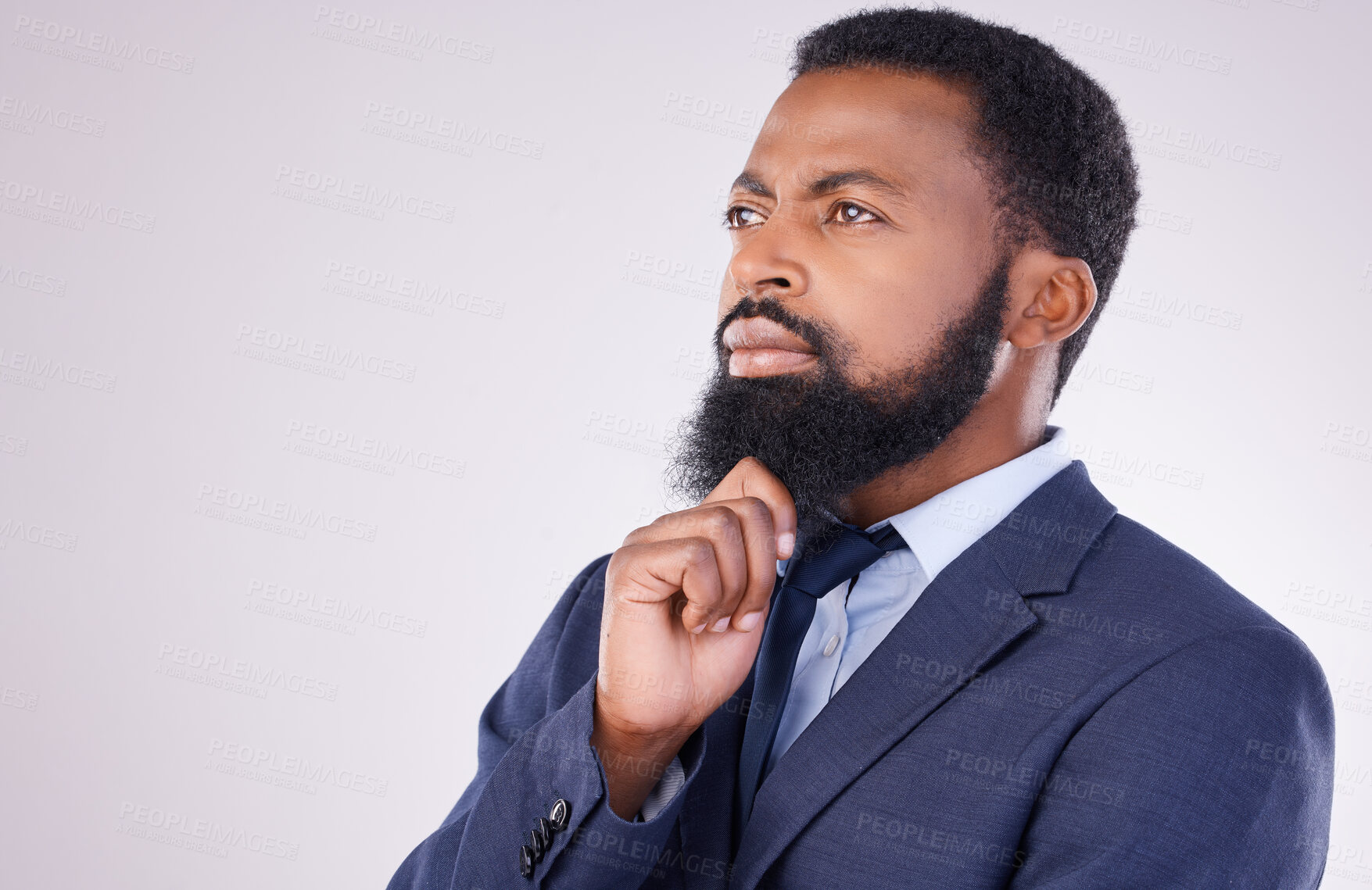 Buy stock photo Business, black man and thinking in white background of ideas, question and remember on mockup studio. Corporate male model think of solution, decision and memory of why, choice and visionary mindset