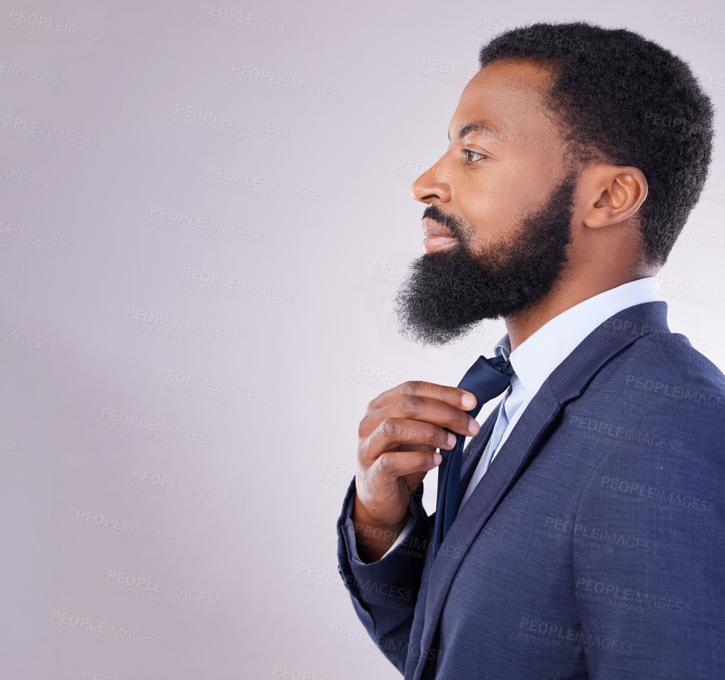 Buy stock photo Black businessman tie dressing and studio background with business mindset isolated in mockup space. Success, pride and profile of confident African man in suit, successful leader in corporate Africa