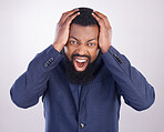 Screaming, stress and angry black man shouting feeling frustrated isolated in a studio white background. Bad news, problem and crazy or aggressive businessman annoyed with hands on his head