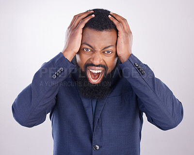 Buy stock photo Screaming, stress and angry black man shouting feeling frustrated isolated in a studio white background. Bad news, problem and crazy or aggressive businessman annoyed with hands on his head
