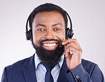 Call center, customer service and portrait of black man, studio and consulting questions on microphone. Happy male model, telemarketing consultant and contact of telecom sales, smile and crm advisor