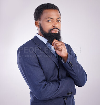 Buy stock photo Portrait, confidence and African businessman in studio with business mindset isolated on white background. Success, pride and confident black man in suit with office job, leader in corporate Africa.