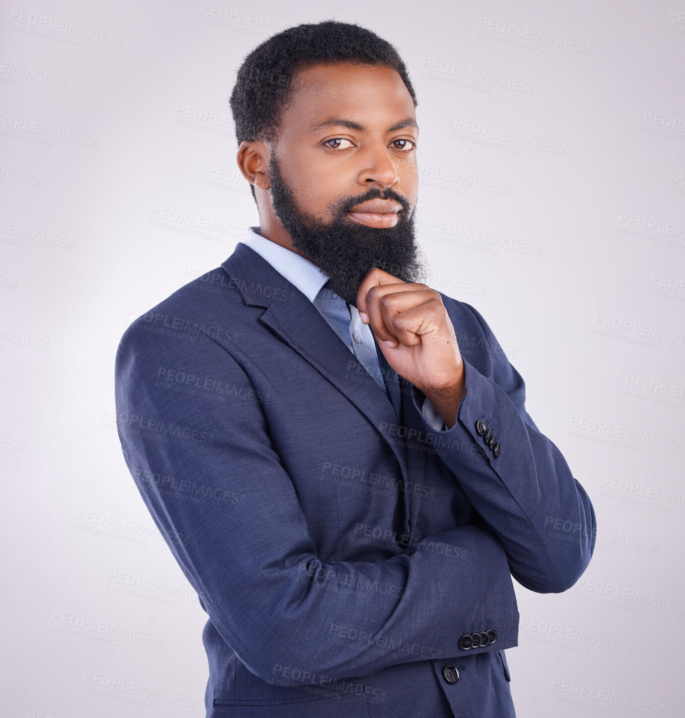 Buy stock photo Portrait, confidence and African businessman in studio with business mindset isolated on white background. Success, pride and confident black man in suit with office job, leader in corporate Africa.