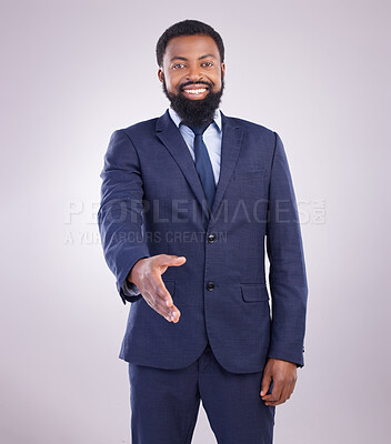 Buy stock photo Handshake, offer and portrait of black man in white background for networking, thank you and HR deal. Happy corporate male stretching for shaking hands, recruitment and welcome to partnership trust