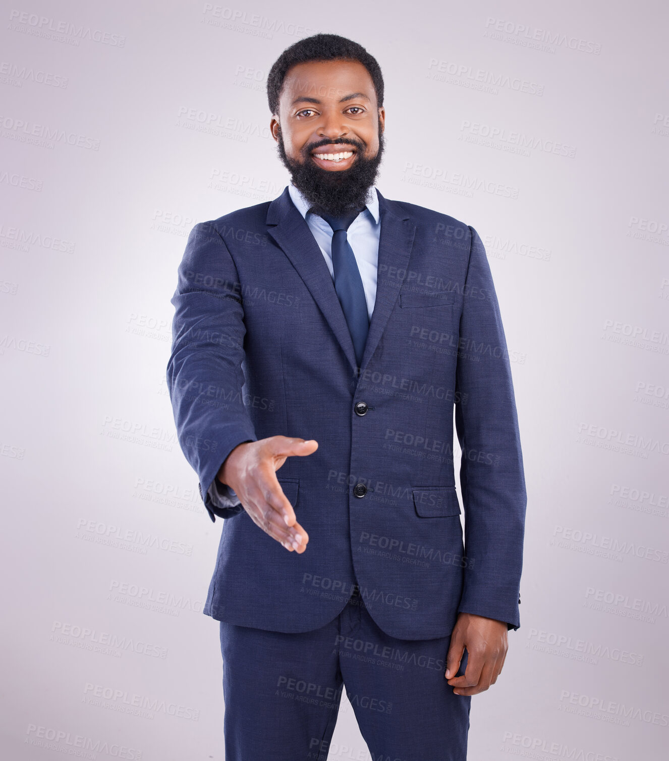 Buy stock photo Handshake, offer and portrait of black man in white background for networking, thank you and HR deal. Happy corporate male stretching for shaking hands, recruitment and welcome to partnership trust