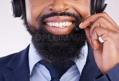 Buy stock photo Call center, happy black man and face with microphone for crm questions, sales consulting and studio. Mouth, smile and male telemarketing consultant for contact, telecom and friendly customer support