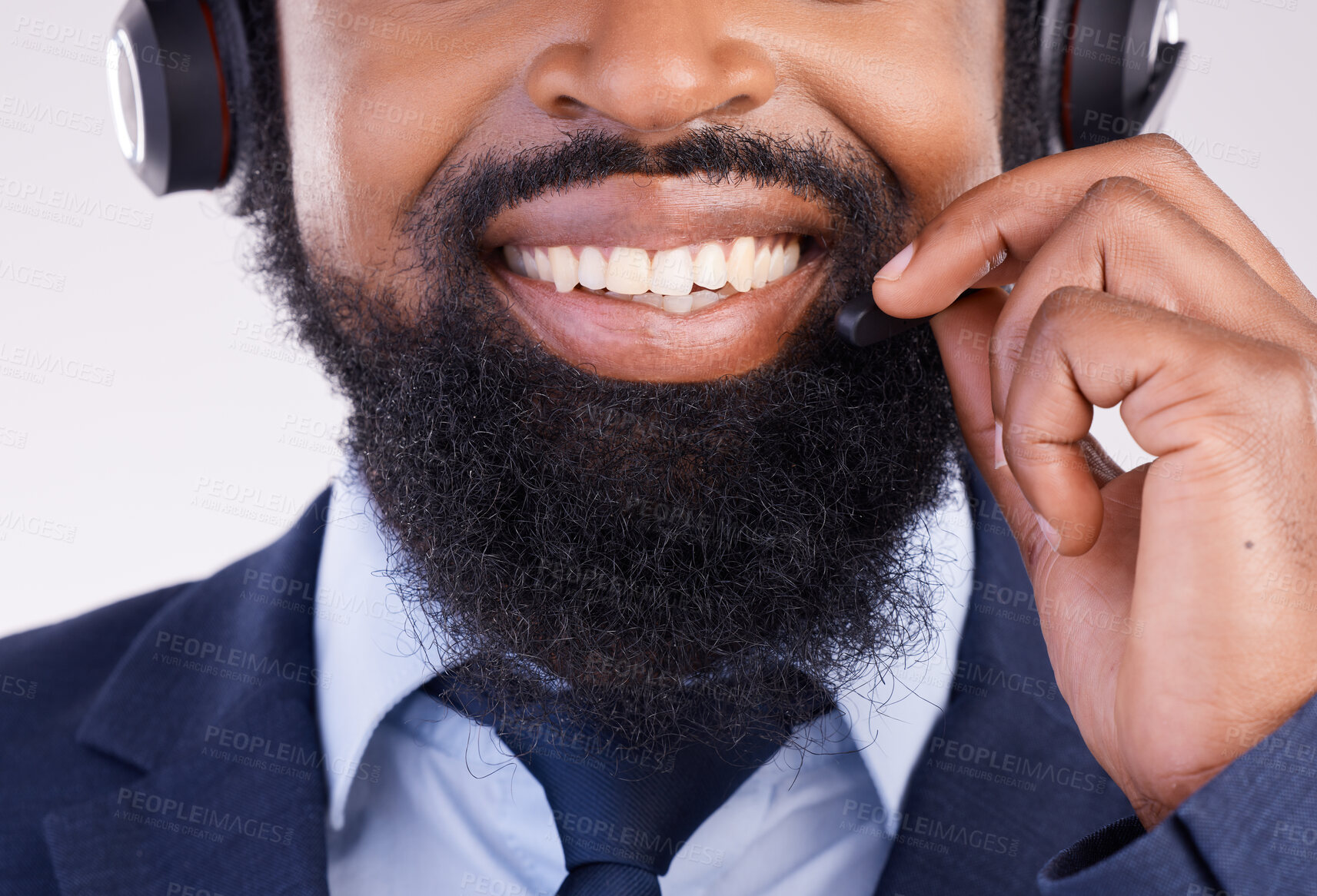 Buy stock photo Call center, happy black man and face with microphone for crm questions, sales consulting and studio. Mouth, smile and male telemarketing consultant for contact, telecom and friendly customer support