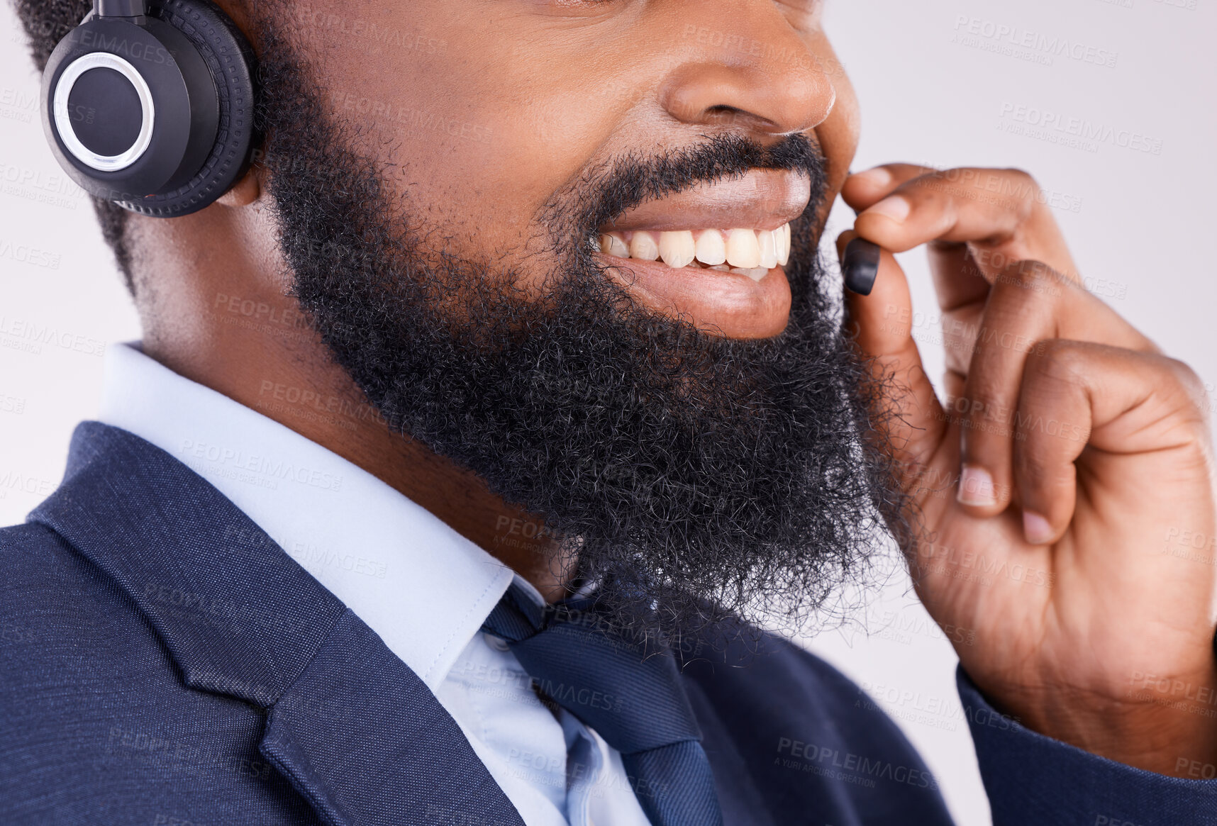 Buy stock photo Call center, face and happy black man with microphone for crm questions, sales consulting and studio. Mouth, smile and male telemarketing consultant for contact, telecom and friendly customer support