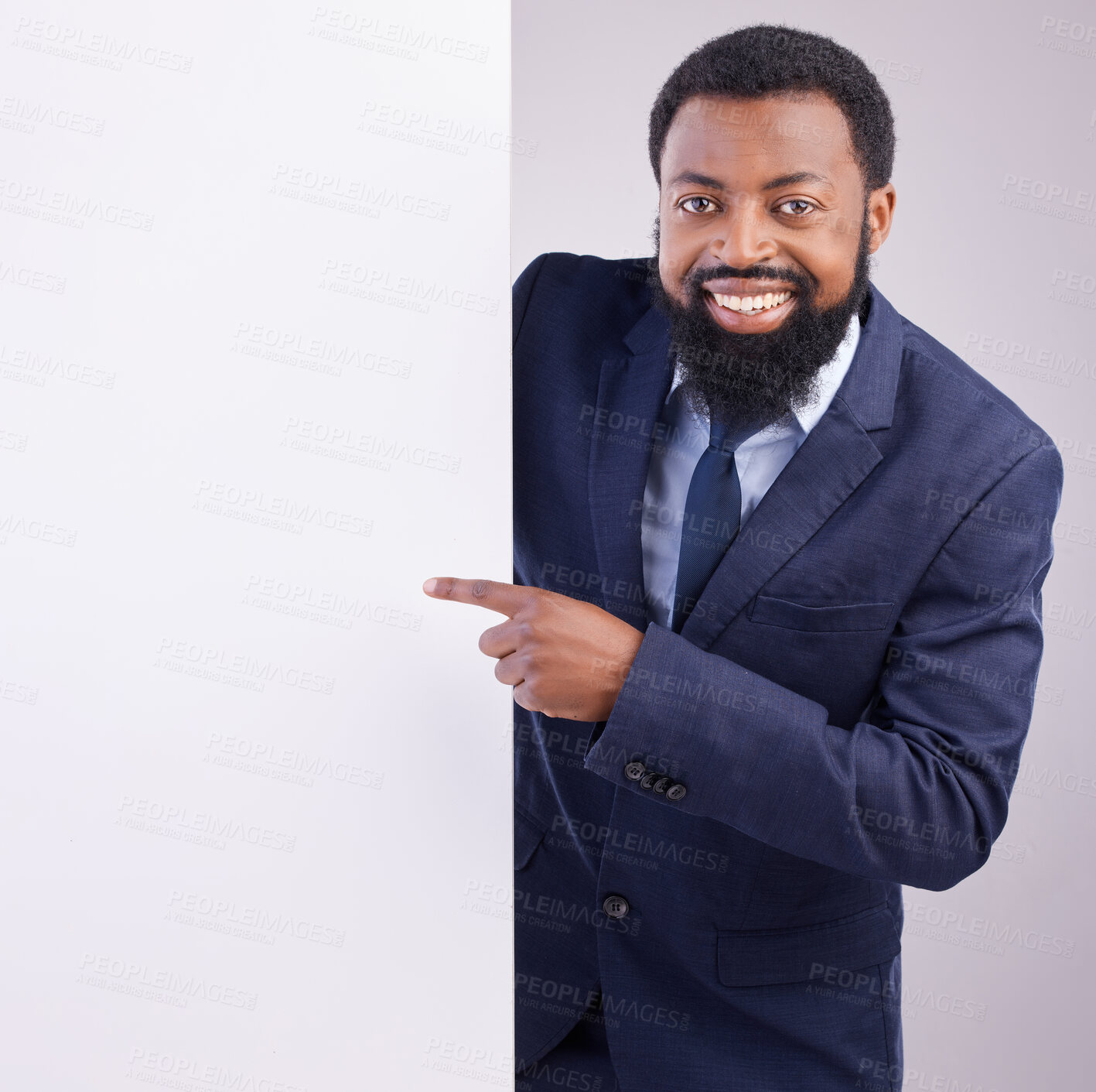 Buy stock photo Business portrait, black man and pointing to board in studio, white background and mockup space. Happy corporate worker, model and advertising poster, marketing news sign and brand on mock up banner