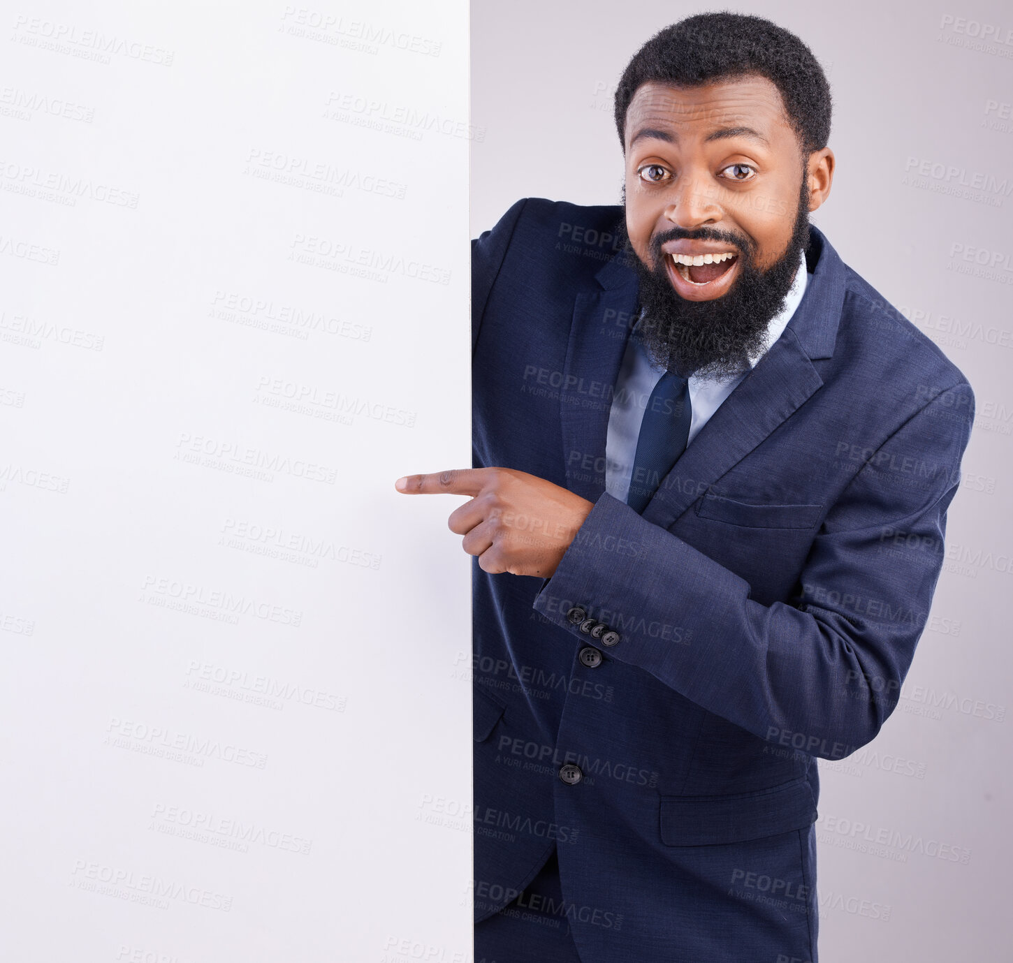 Buy stock photo Business portrait, excited man and pointing to board in white background, studio or mockup space. Corporate worker, black male and advertising poster, marketing wow news and banner on blank mock up 