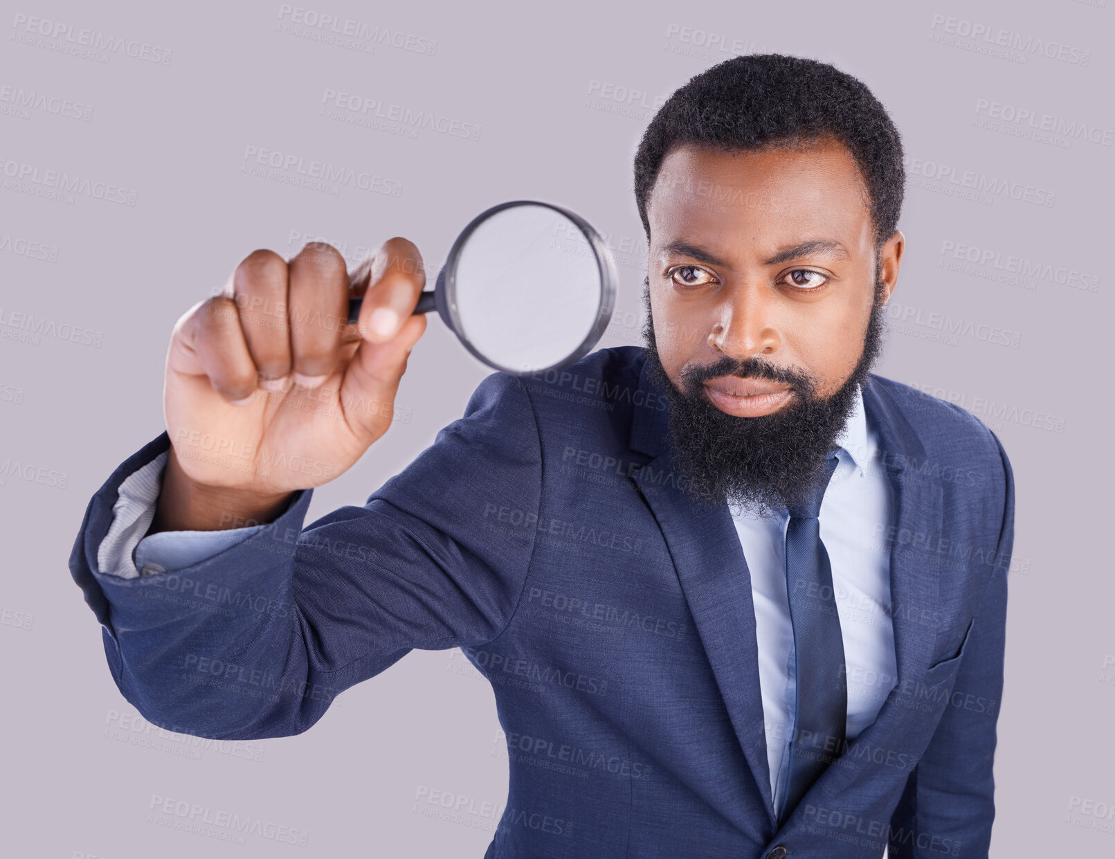 Buy stock photo Business black man, magnifying glass and studio with focus for quality inspection, compliance and stop fraud. Businessman, inspector and auditor at company with attention for financial health at job