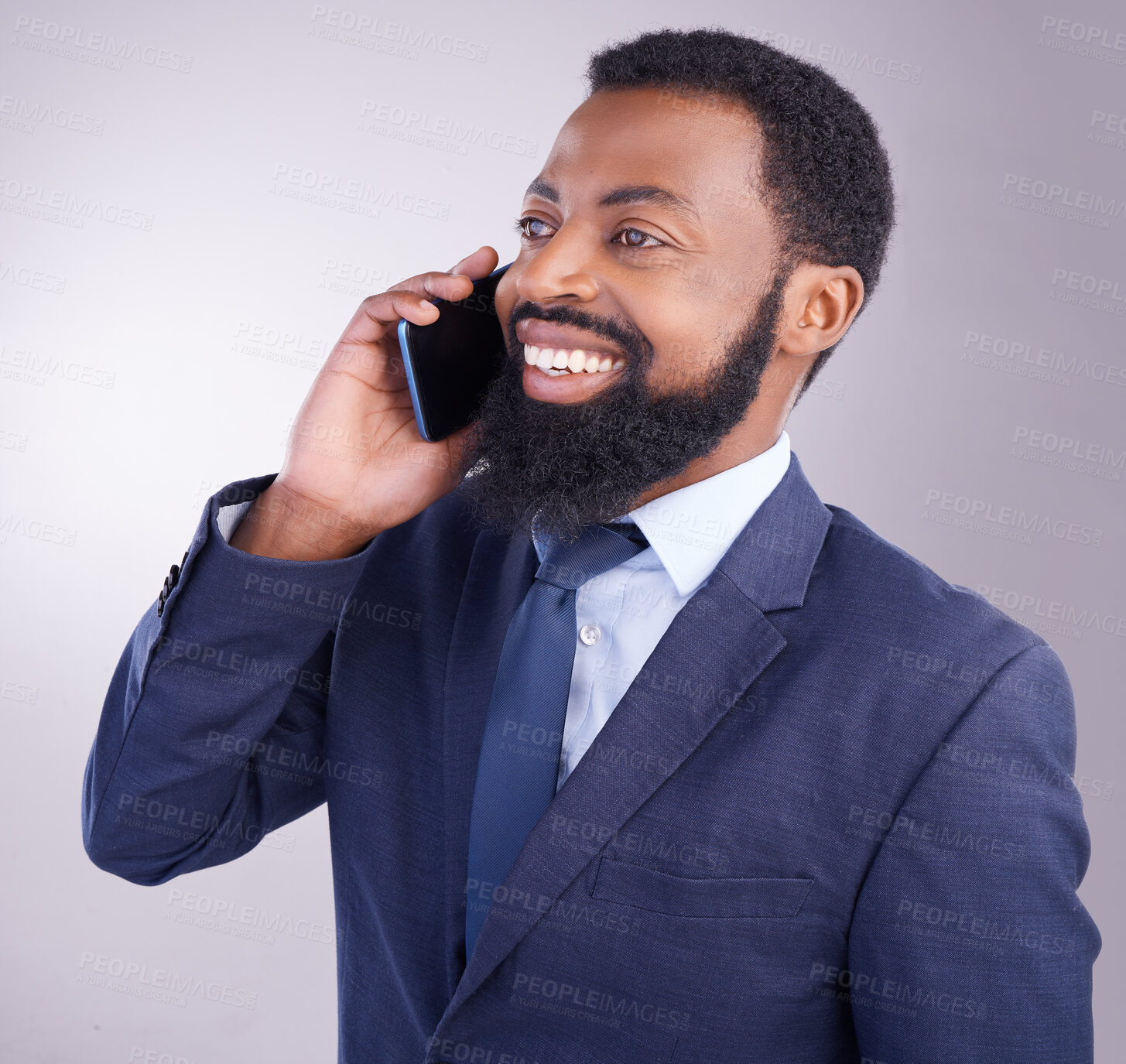 Buy stock photo Corporate black man, phone call and smile in studio for business conversation, hello and chat. Happy executive, male model and cellphone communication for mobile networking, contact and talk feedback