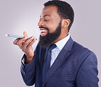 Phone, voice message and man in white background, studio and talking for business contact. Happy corporate, black male and mobile recording for communication on smartphone, audio chat and mic speech