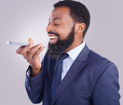 Buy stock photo Phone, voice message and man in white background, studio and talking for business contact. Happy corporate, black male and mobile recording for communication on smartphone, audio chat and mic speech