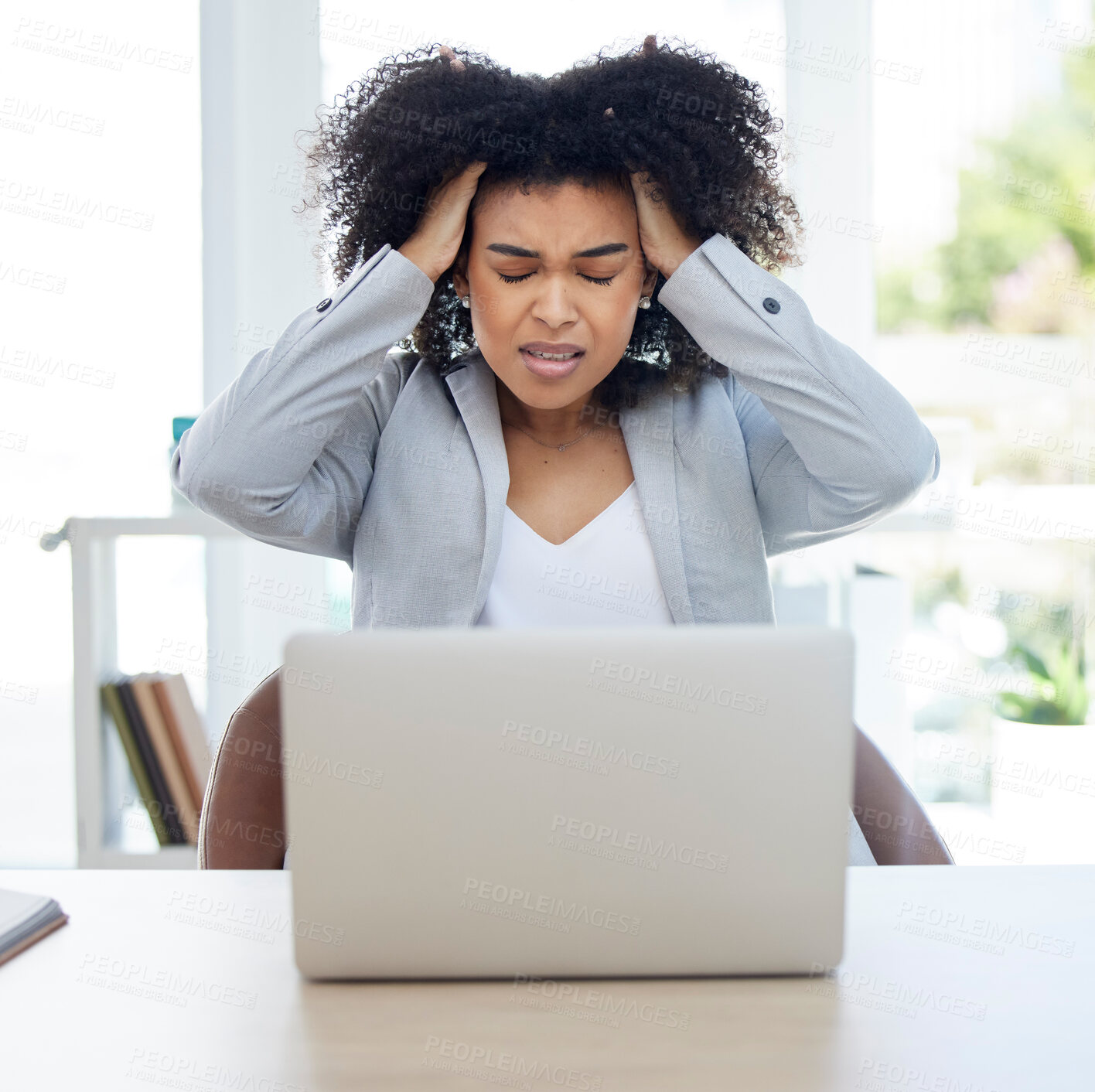 Buy stock photo Woman, laptop or pulling hair in stress for financial planning failure, crisis or investment fraud. Frustration, annoyed or anxiety for business worker on technology, finance mistake or phishing scam