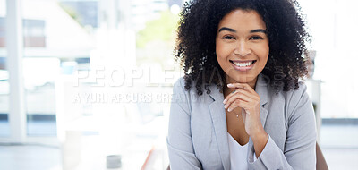 Buy stock photo Happy, space and portrait of a woman at office for success, executive job and corporate professional. Smile, pride and a female employee at an agency for business, career successful with mockup