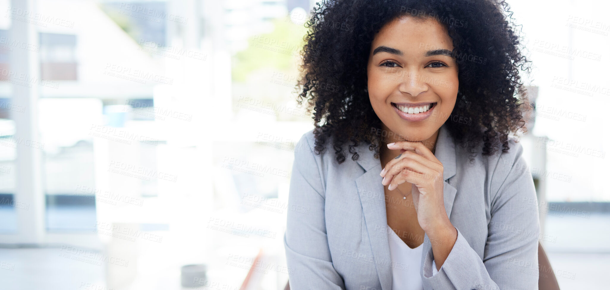 Buy stock photo Happy, space and portrait of a woman at office for success, executive job and corporate professional. Smile, pride and a female employee at an agency for business, career successful with mockup