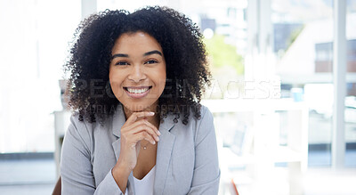 Buy stock photo Happy, confident and portrait of a woman at work for success, executive job and corporate professional. Smile, pride and employee at an agency for business, career successful with mockup space