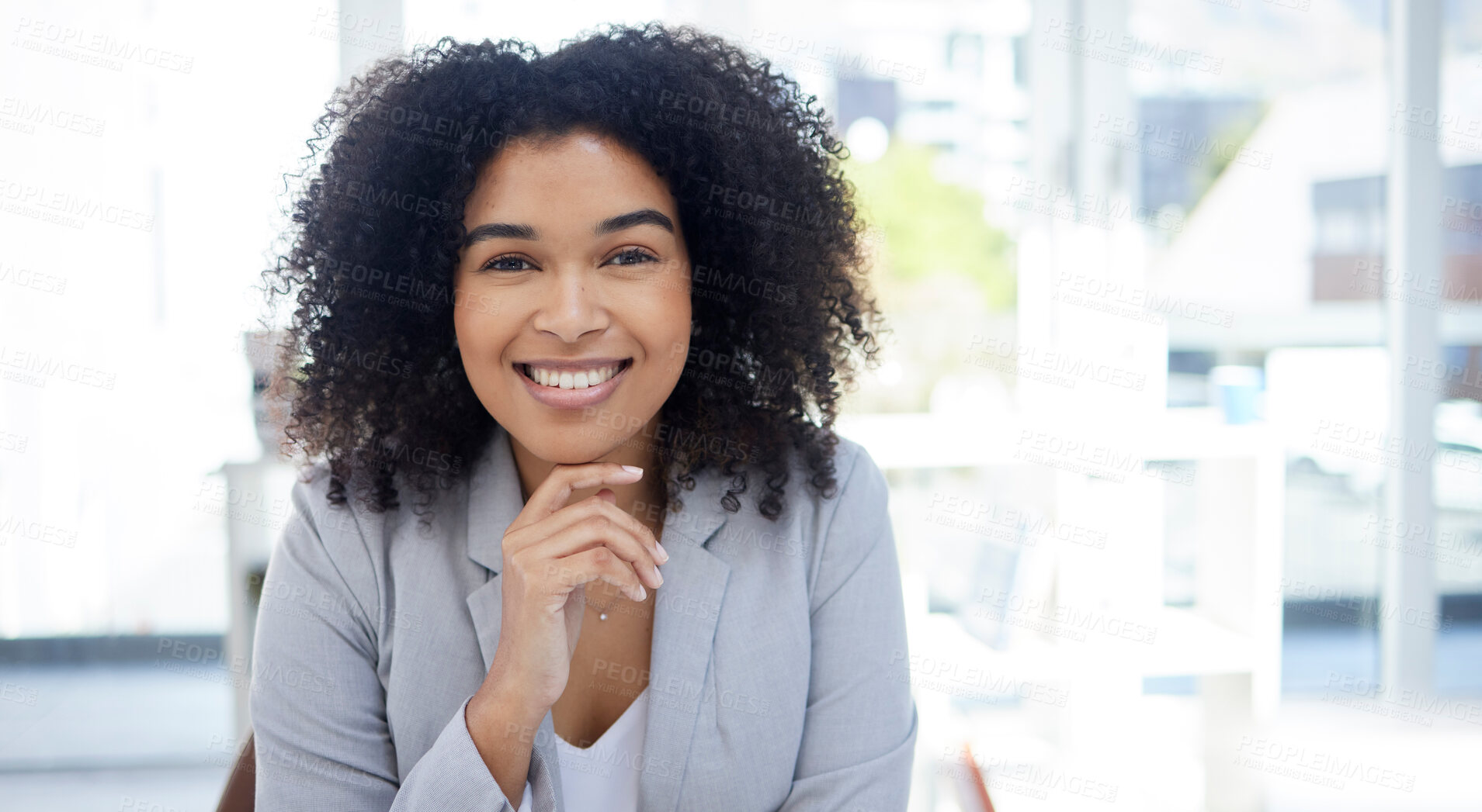 Buy stock photo Happy, confident and portrait of a woman at work for success, executive job and corporate professional. Smile, pride and employee at an agency for business, career successful with mockup space