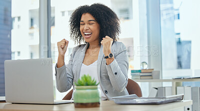 Buy stock photo Business woman, laptop or success fist in financial growth, achievement or investment budget target. Smile, happy or winner corporate worker and technology, cheering hands or profit bonus celebration