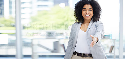 Buy stock photo Happy woman, business or handshake in job interview, hr recruitment or human resources introduction in corporate office space. Smile, collaboration or shaking hands in partnership with hiring manager