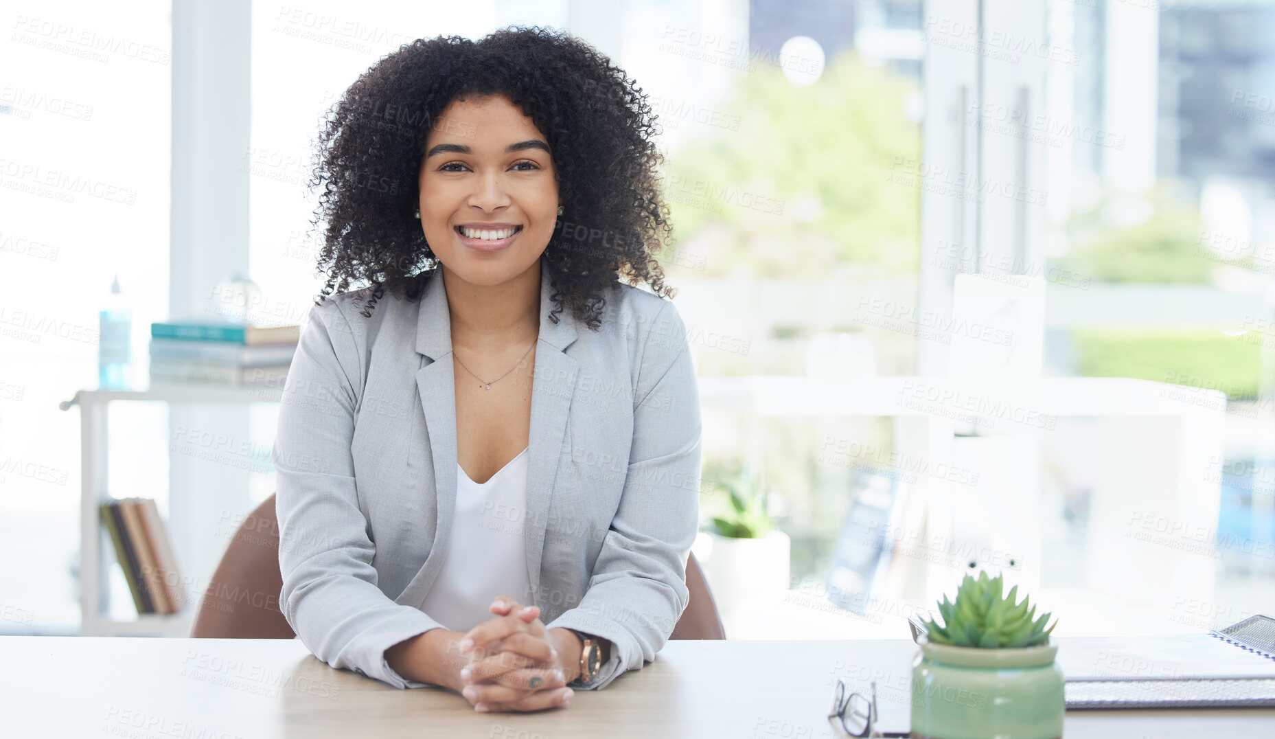 Buy stock photo Business woman, happy or portrait in job interview, we are hiring or recruitment meeting on mockup. Smile, face or corporate manager in human resources, hr or ready for recruiting employee assessment