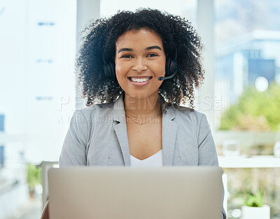 Buy stock photo Woman, laptop or smile portrait in call center, customer support or CRM consulting in contact us office. Happy, face or business receptionist on headset technology for communication, help or advice