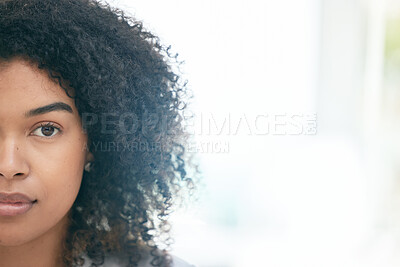 Buy stock photo Half, portrait and serious black woman with mockup in office, ambitious and empowered on bright background. Face, mindset and female leader with vision, ambition and confidence, assertive and content