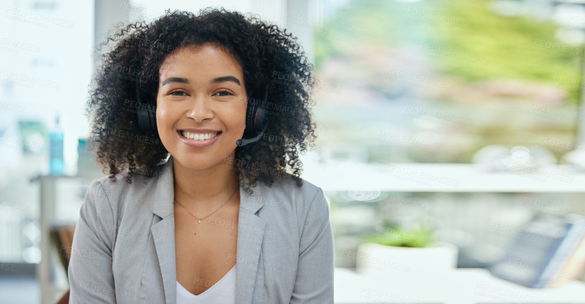 Buy stock photo Happy woman, portrait or headset in call center, customer support or CRM consulting in contact us or telemarketing office. Smile, business or receptionist on headset for communication, help or advice