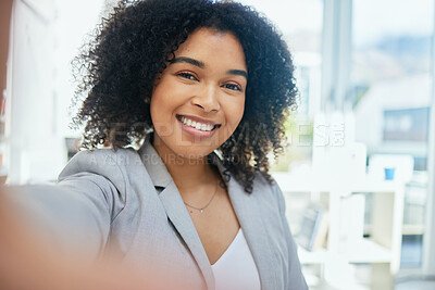 Buy stock photo Selfie portrait, smile or business woman in about us, company profile picture or social media introduction. Happy, face or self photography of worker in corporate financial office or friendly trust