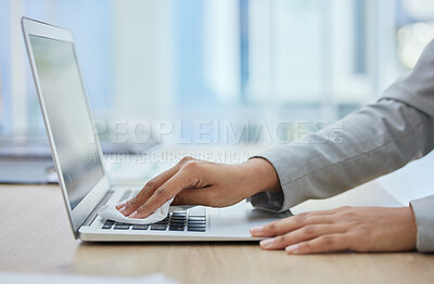 Buy stock photo Woman hands, laptop or cleaning cloth for hygiene, wellness or bacteria protection in corporate office. Business worker, technology or wiping dust for health maintenance, safety or virus disinfection